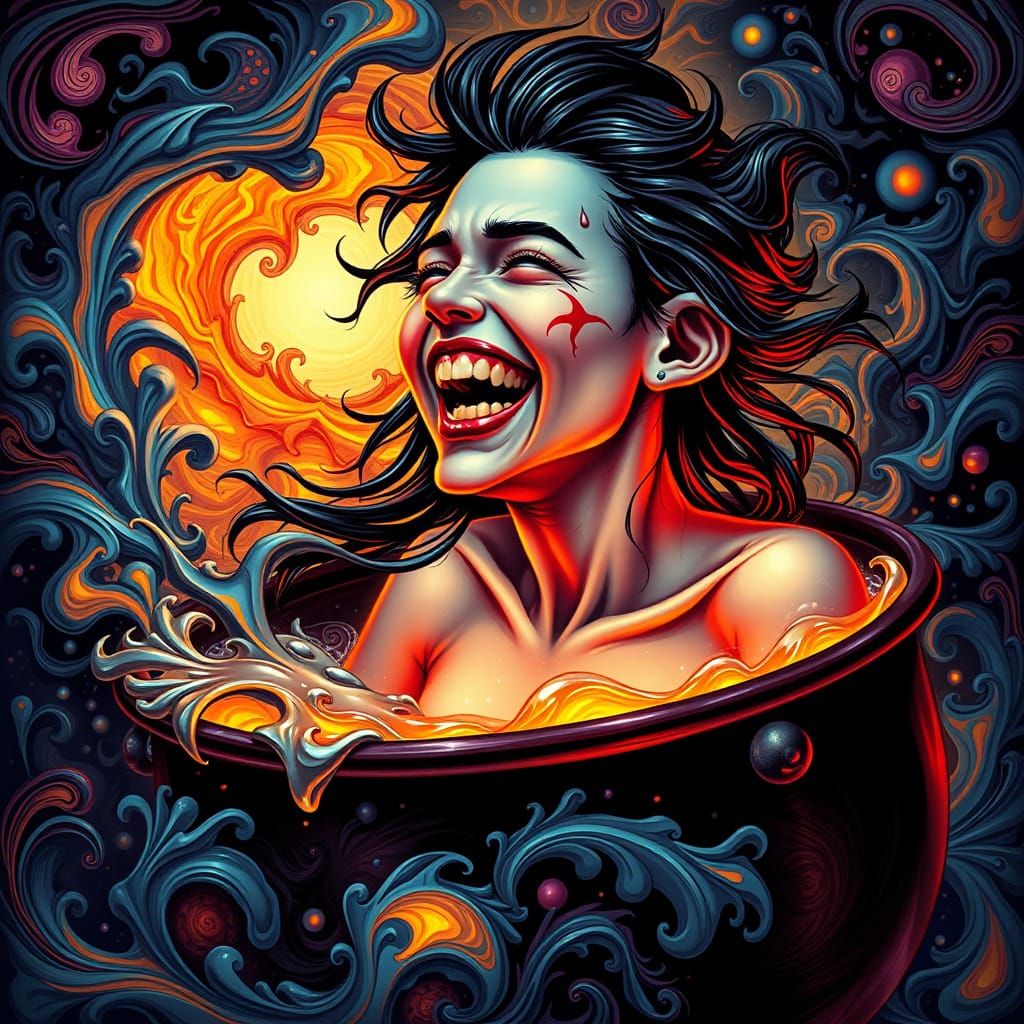 Mad Witch Laughs in Glowing Cauldron Bath