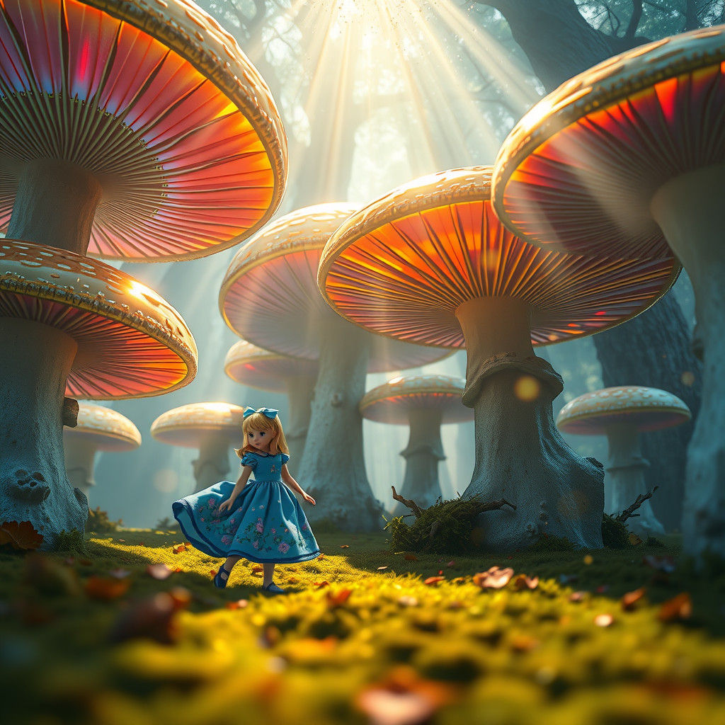 Alice in Wonderland Surrounded by Magic Mushrooms