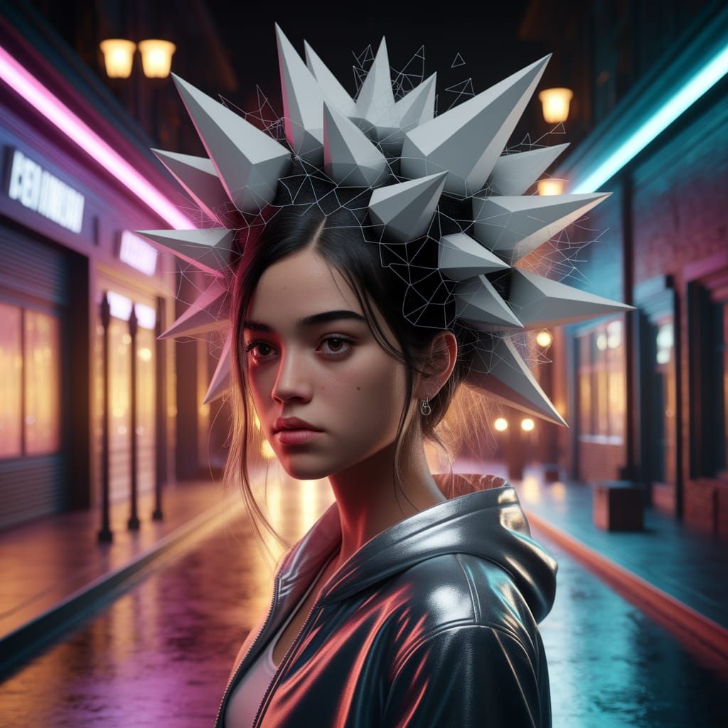 Latina Woman with White Geometric Hair in Neon Urban Night