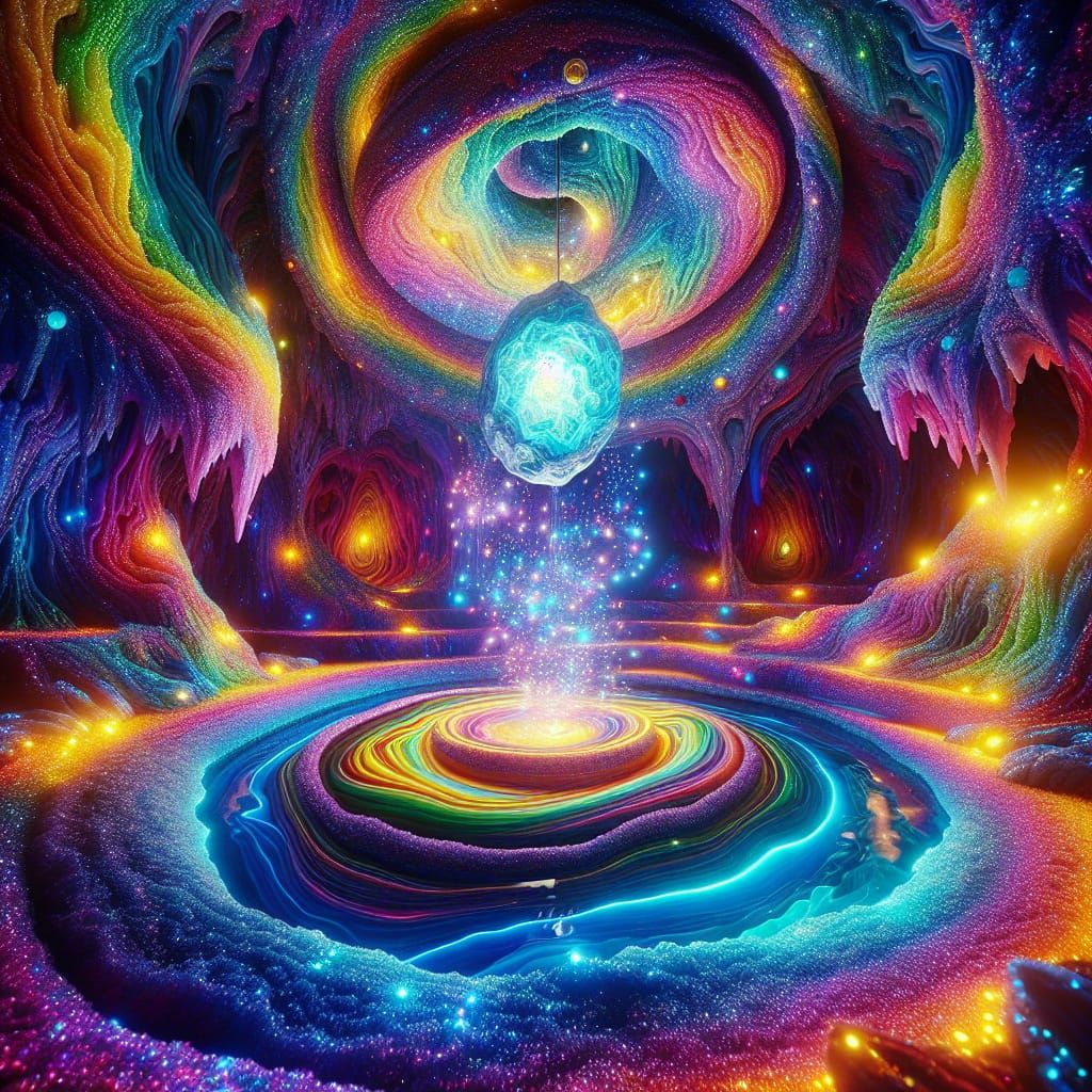 Enchanting Crystal Cave with Luminous Swirling Vortex