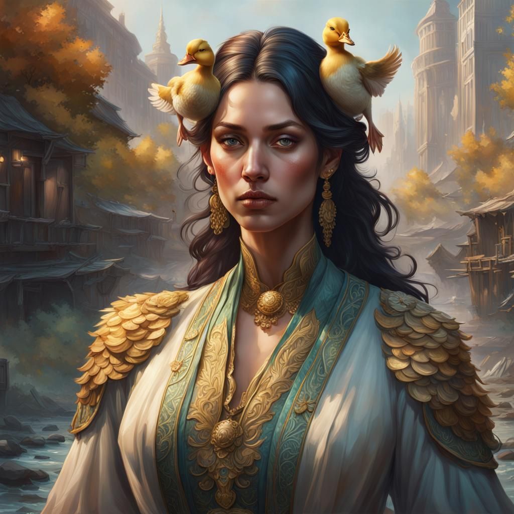 Person Transforms to Duck: Hyperdetailed Art Nouveau Portrai...