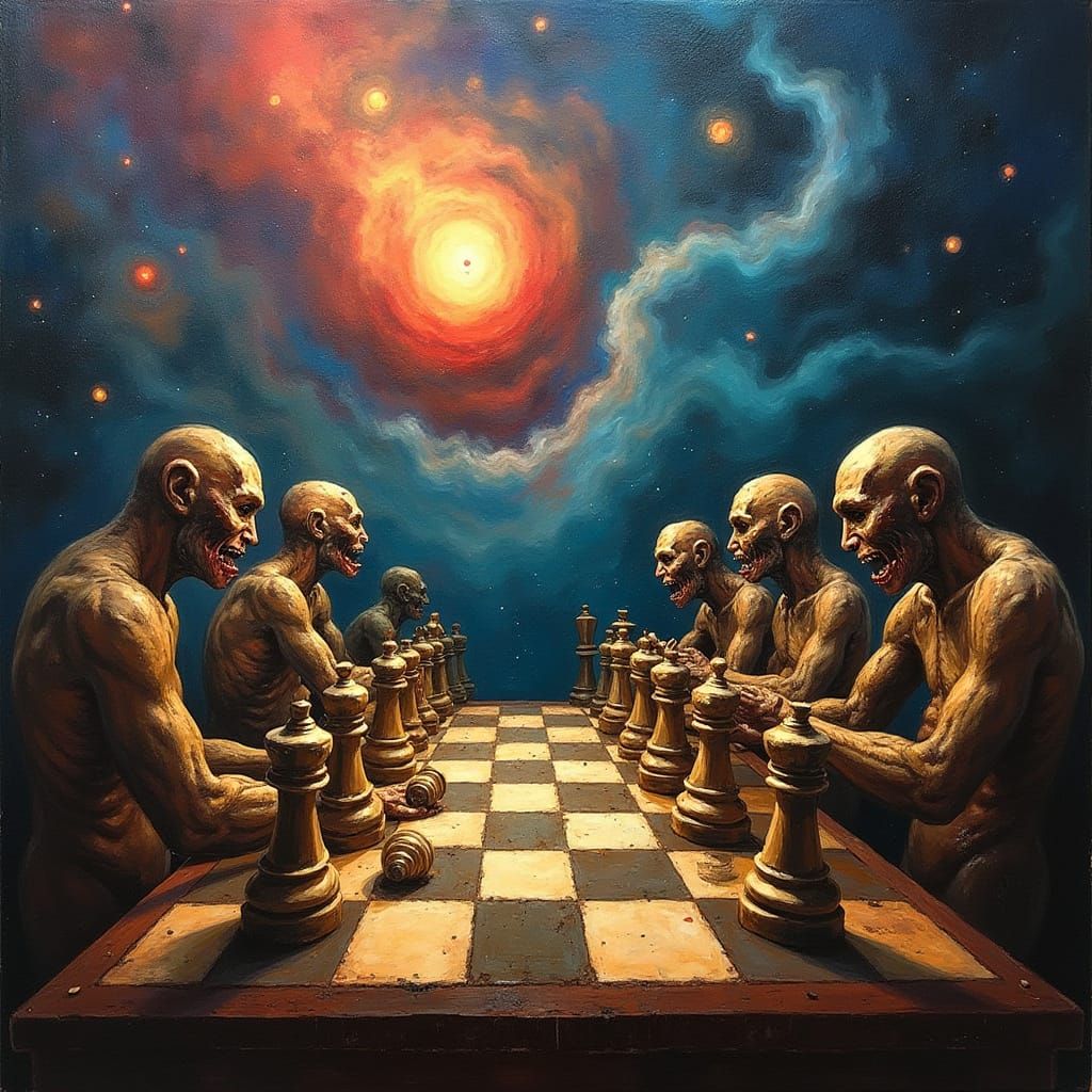 Life vs Entropy Chess Game in Surreal Oil Painting