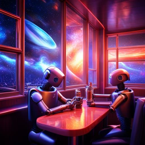 Robots at Night Cafe: Cosmic Astral Illustration
