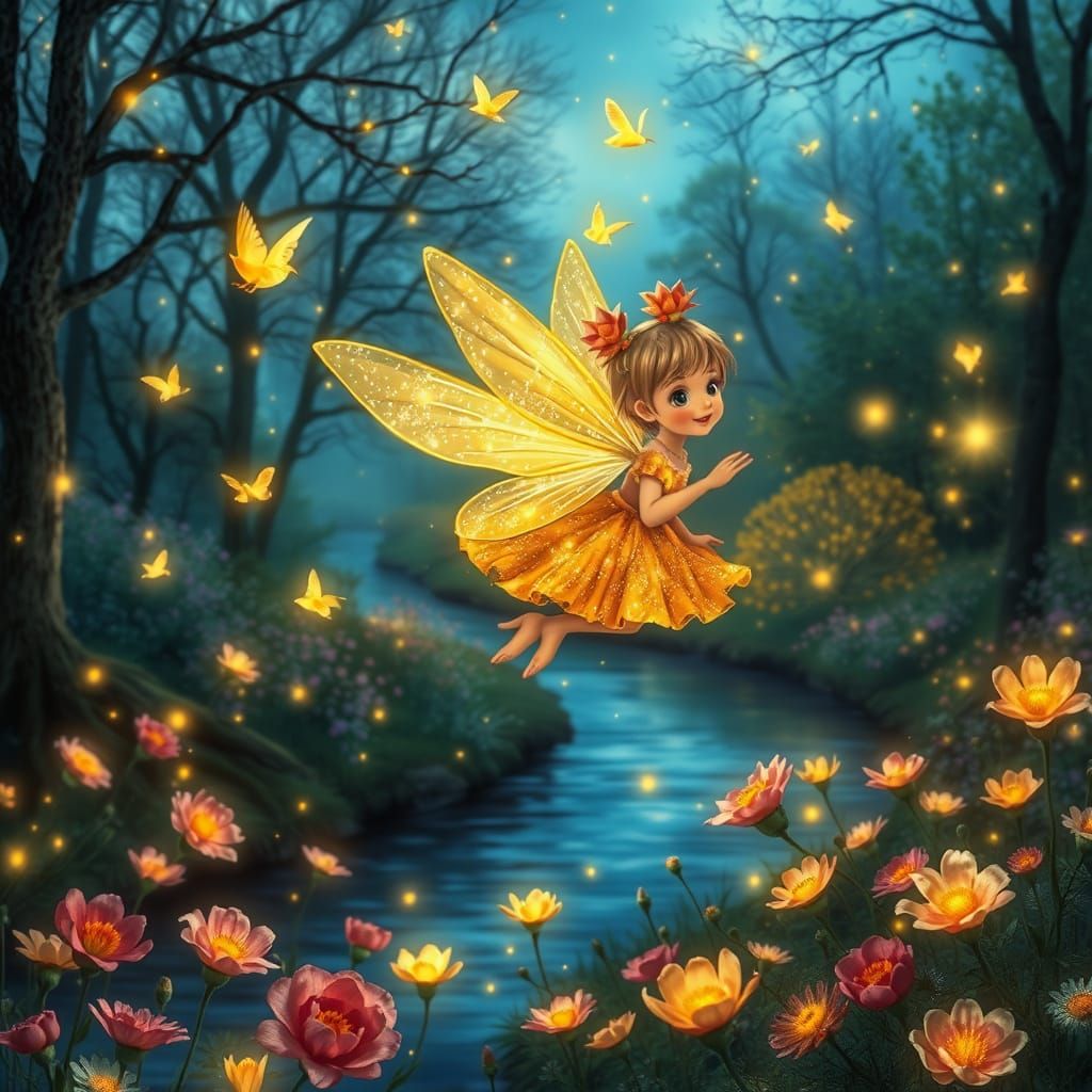 Mystical Girl Soars in Shimmering Silk with Iridescent Wings...