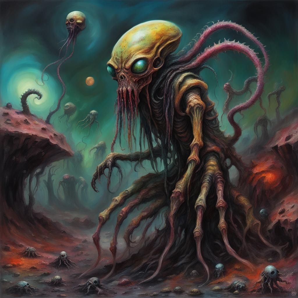 Grotesque Alien Cultist in Grisly, Surreal Dreamscape