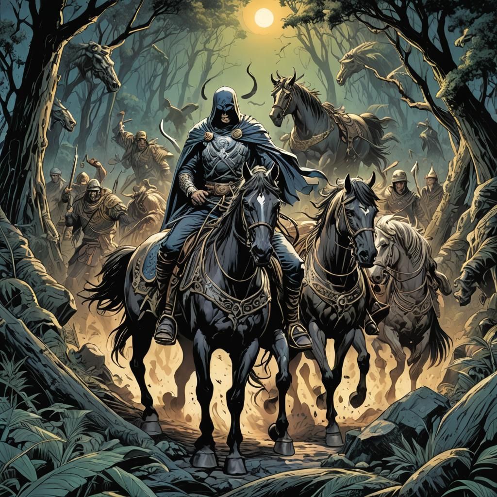Comic Art: Blacksmiths, Rider, and Horse in Action