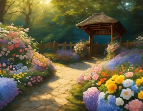 Realistic Pugs Stroll Through Flower Garden