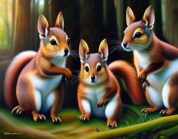 Squirrels in Forest: Hyperdetailed Impressionistic Portrait