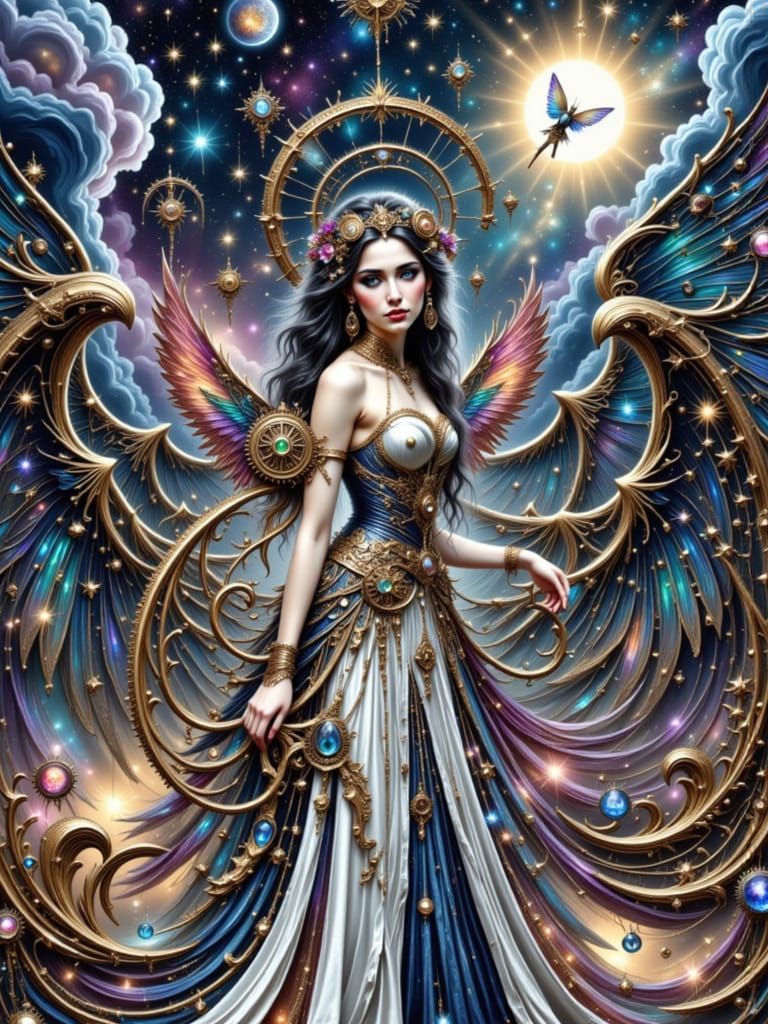 Celestial Clockwork Angel in Surreal Art Deco Style