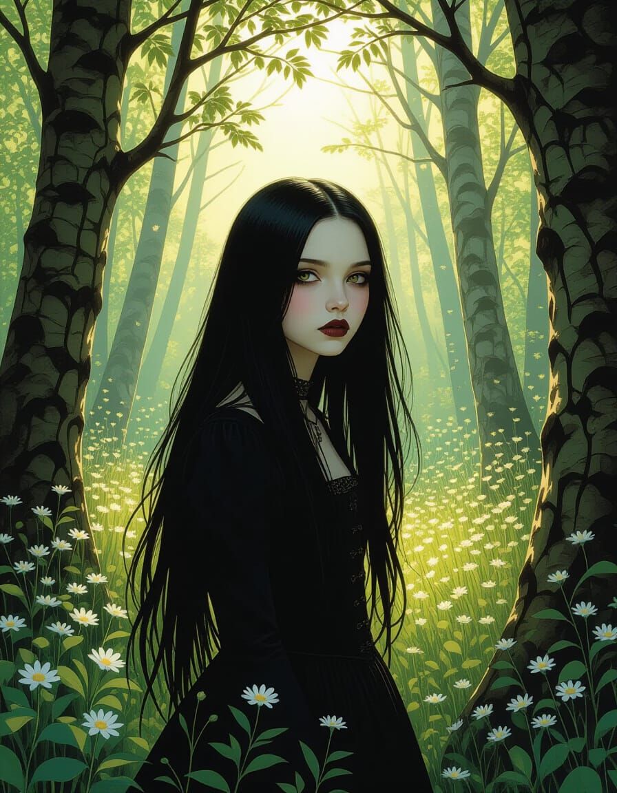 Goth Girl in Spring Forest Sunlight