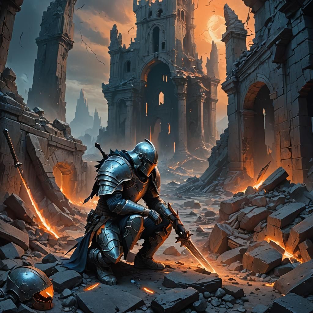 Broken Warrior in Jagged Ruins: Fantasy Concept Art