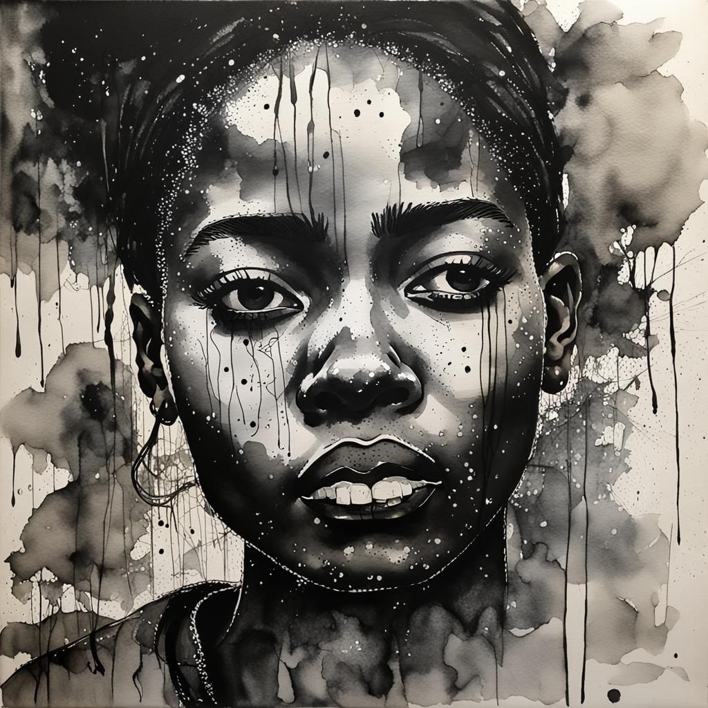 Ethiopian Woman in Dynamic Black Ink Watercolor