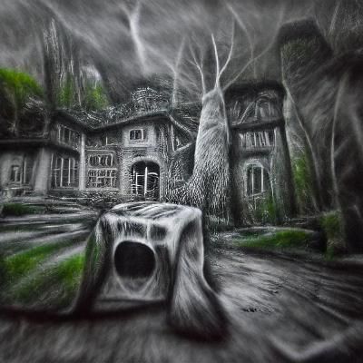 Eerie Mansion in Haunted Woods: Charcoal Drawing