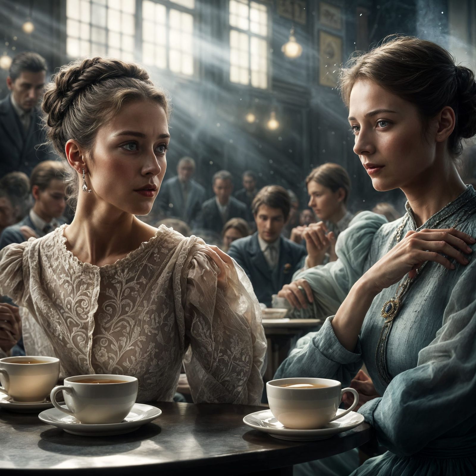 Beautiful Woman Having Tea in Cafe: Photorealistic Portrait