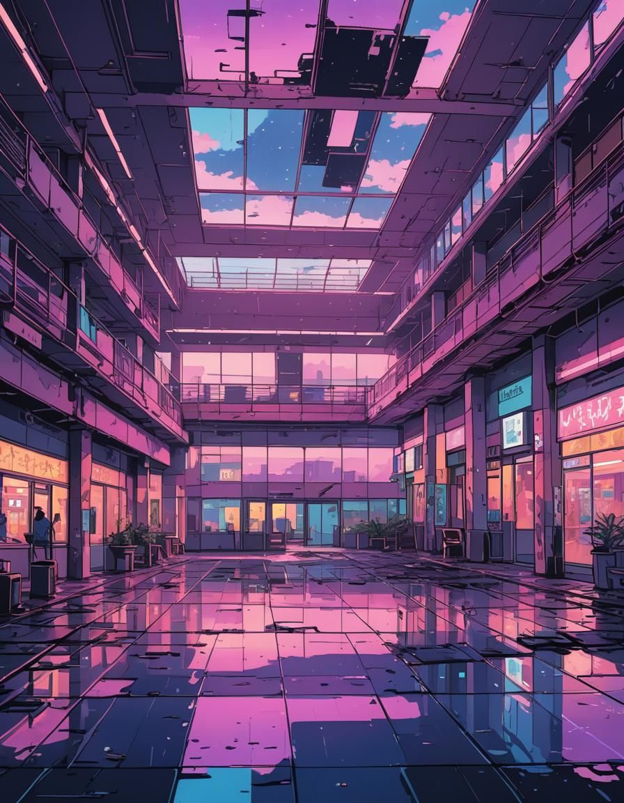 Abandoned Mall Atrium at Dusk: Vector Comic Illustration