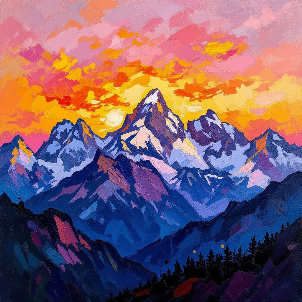 Majestic Mountain Range at Sunset in Neo-Impressionistic Sty...