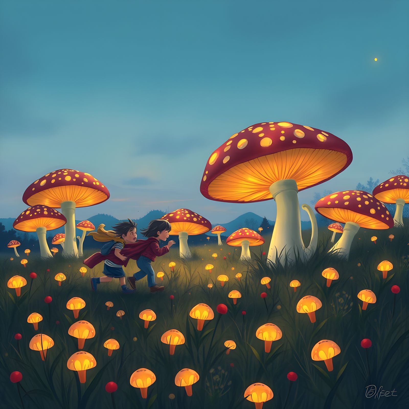 Children in a Whimsical Mushroom Wonderland at Twilight
