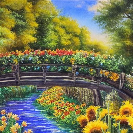 Watercolor Landscape with Flowers and Bridge