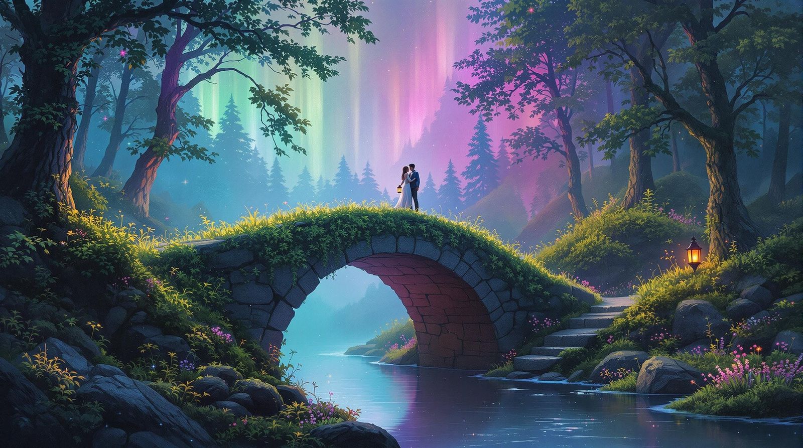 Whimsical Norwegian Forest Bridge in Fantasy Ink Style