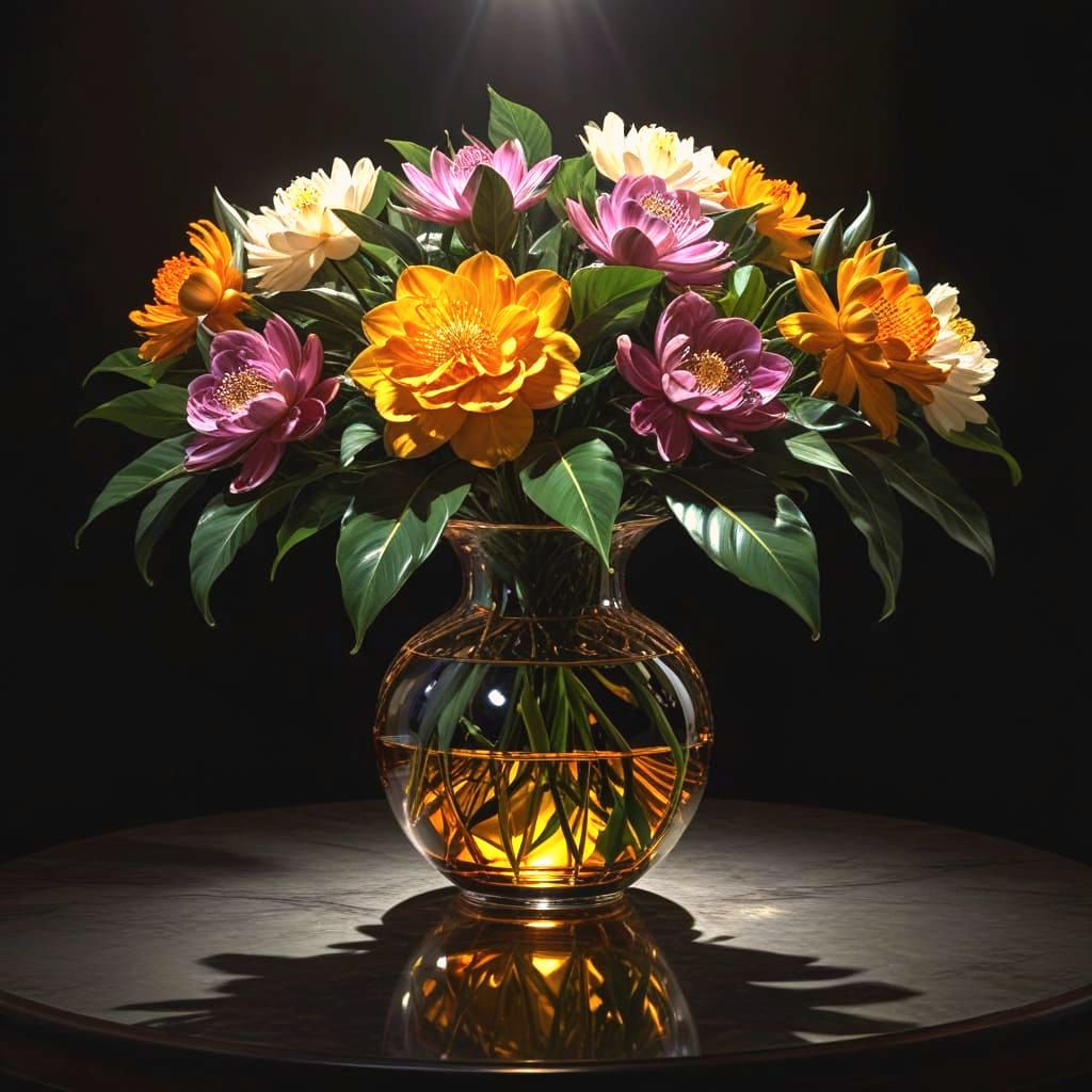Exquisite Hyperrealist Floral Still Life with Volumetric Lig...