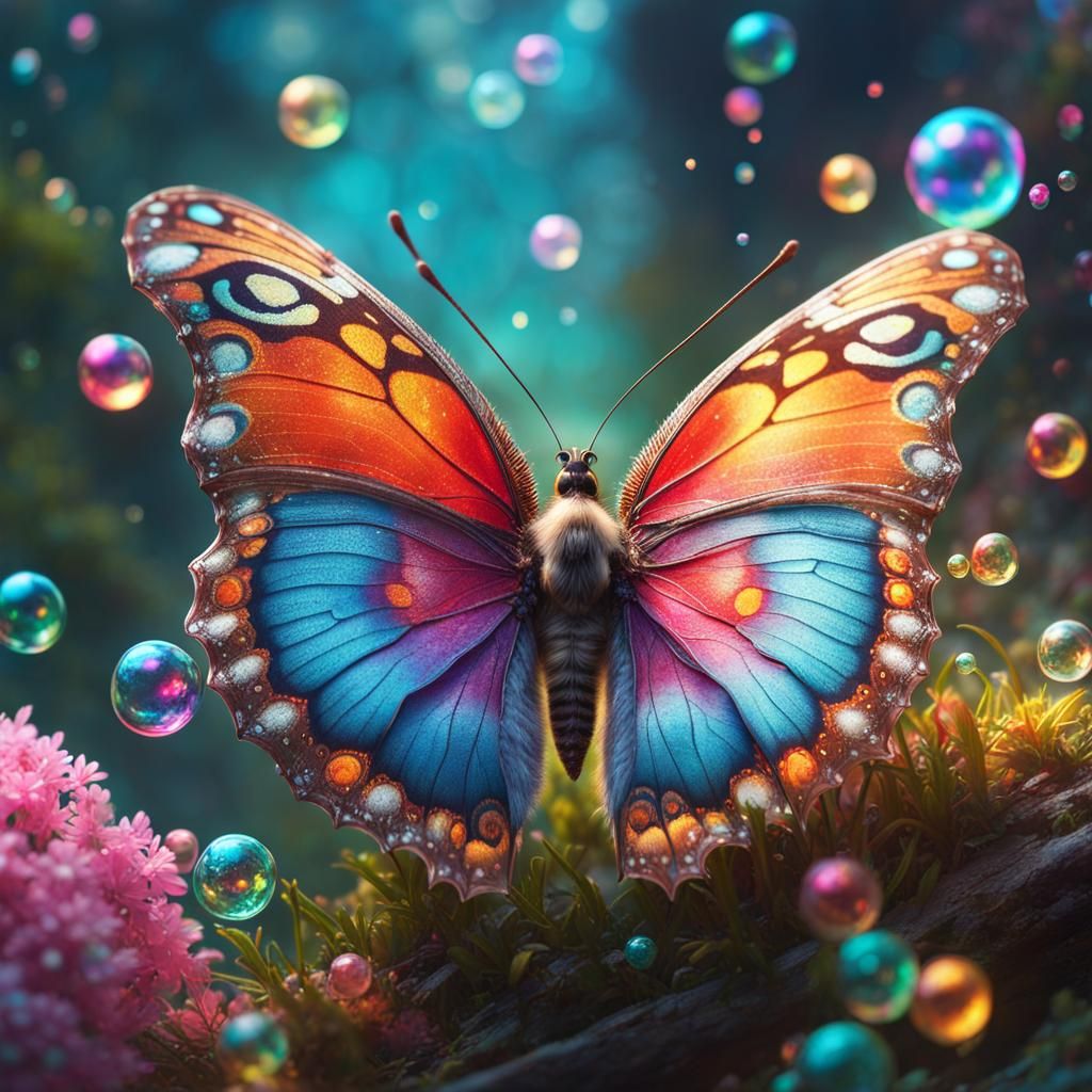 Butterfly with Multicolored Bubbles: Hyperdetailed Digital A...
