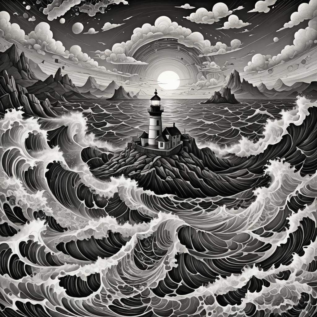 Lighthouse in Turbulent Sea: Surreal Black and White Illustr...