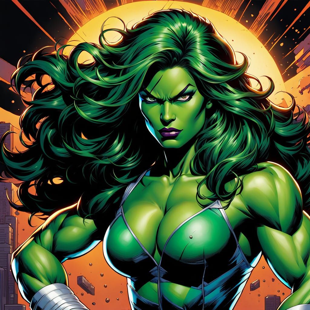 Marvel Comic Book Art of Confident She-Hulk in Green