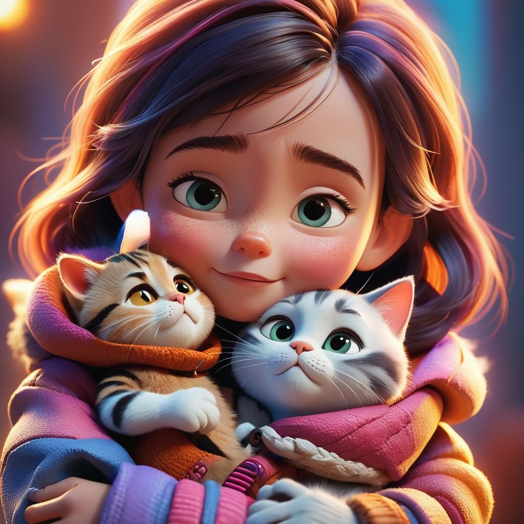 Toddler and Cat: Pixar-Style 3D Rendering