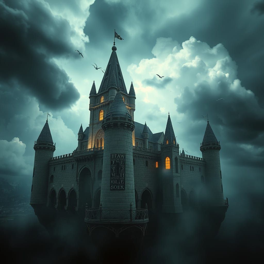 Ancient Floating Castle Amidst Swirling Storm Clouds and Glo...