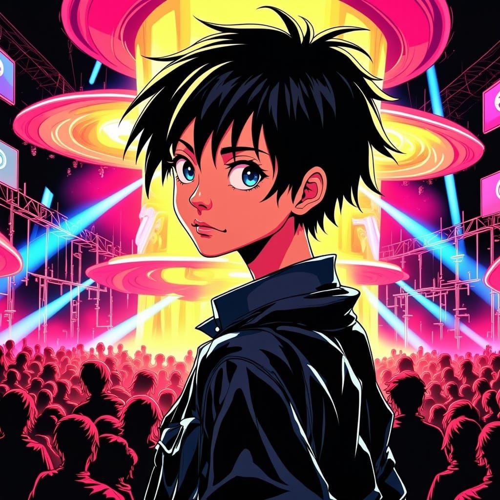 Glowing Teenage Boy Rocks Music Festival in Vibrant Style
