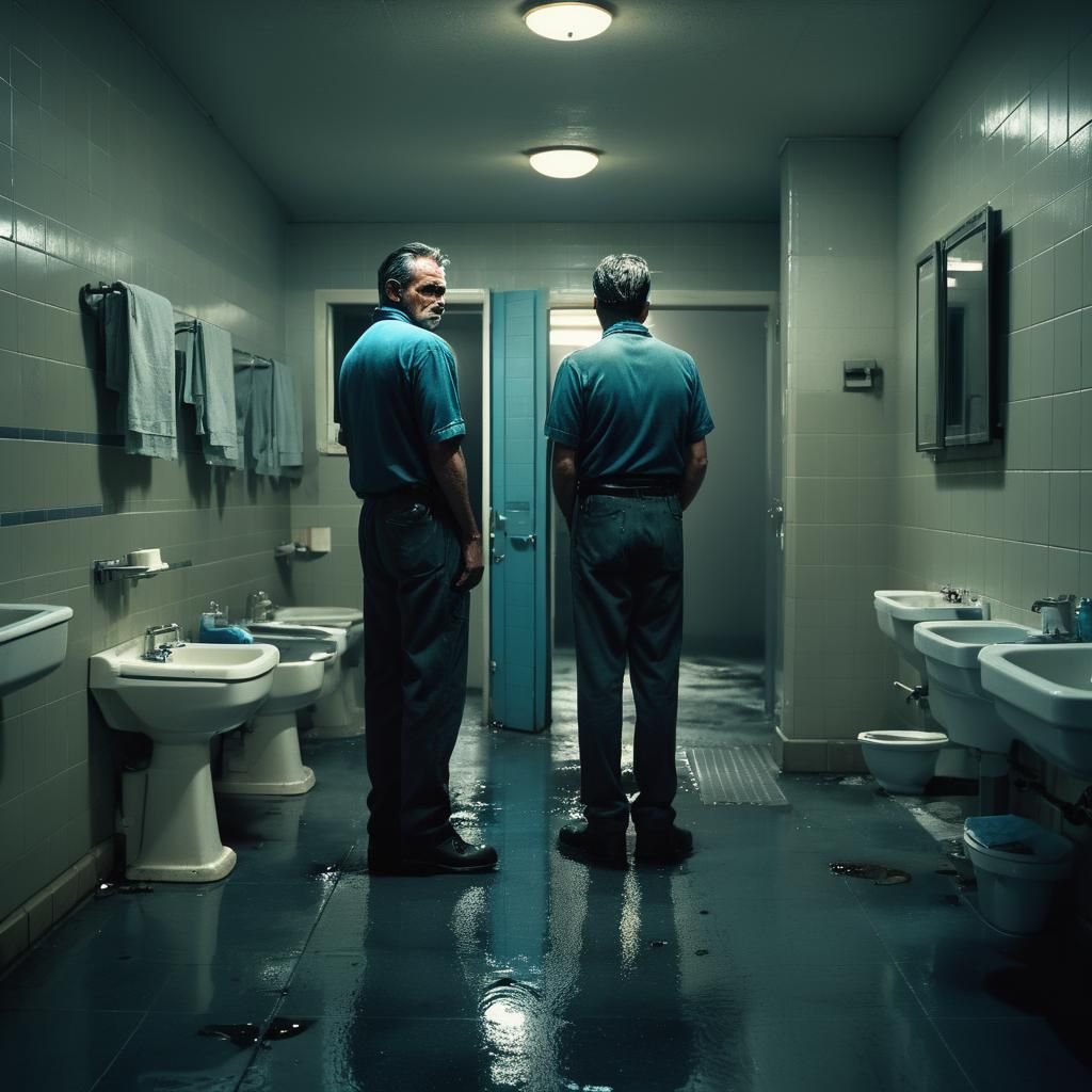 Janitor in a Dimly Lit Bathroom, High Contrast Film Noir