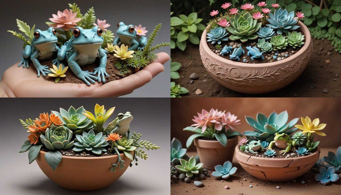 Surreal Clay Succulents with Vibrant Flowers and Tiny Frog F...