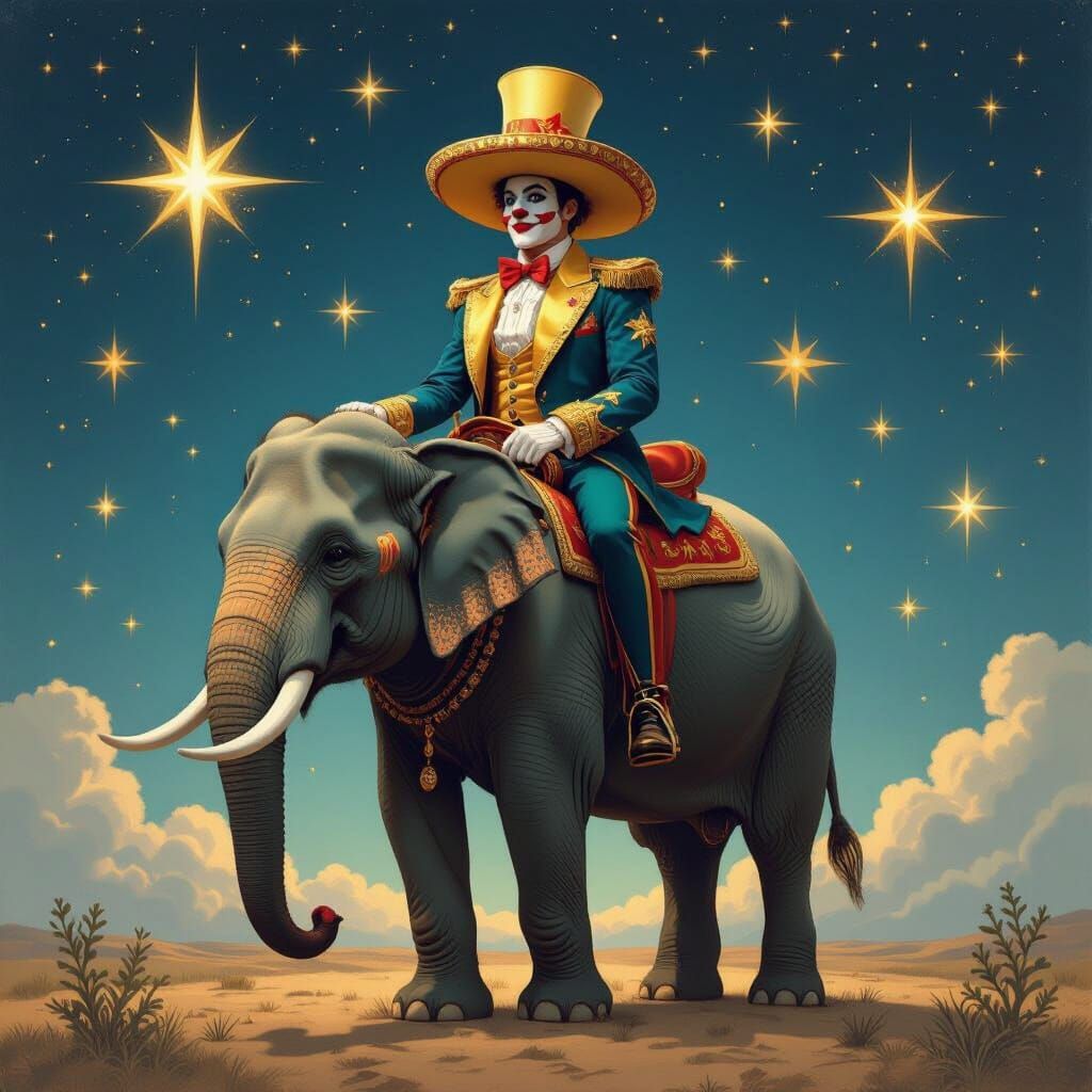 Clown Riding Elephant Surrounded by Stars