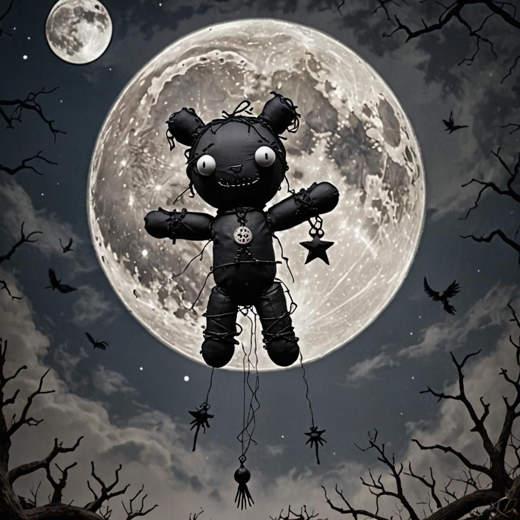 Maximalist Voodoo Doll Floating Under Full Moon