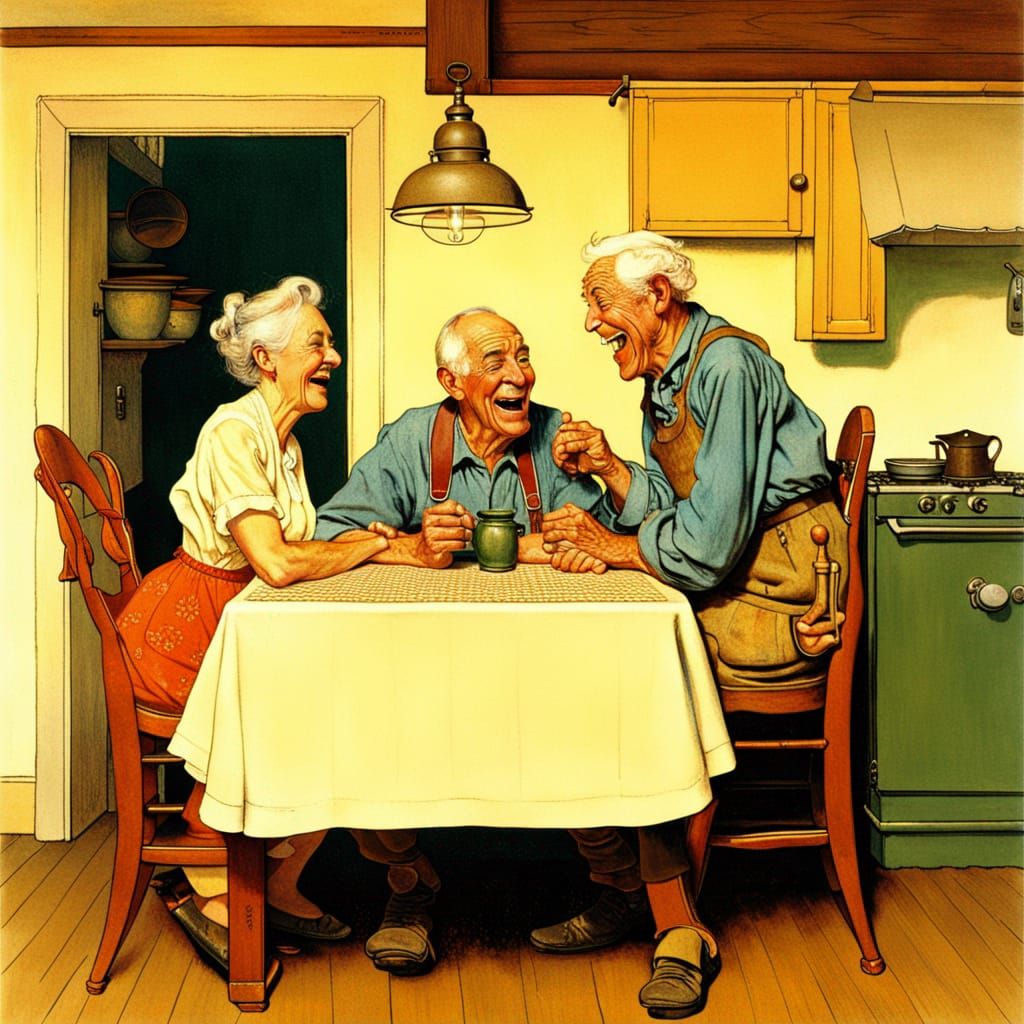 Laughing Couple at Kitchen Table in Rockwell Style