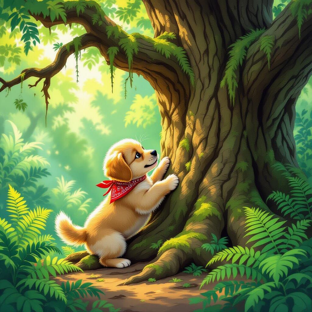 Puppy Climbs Giant Tree in Storybook Style