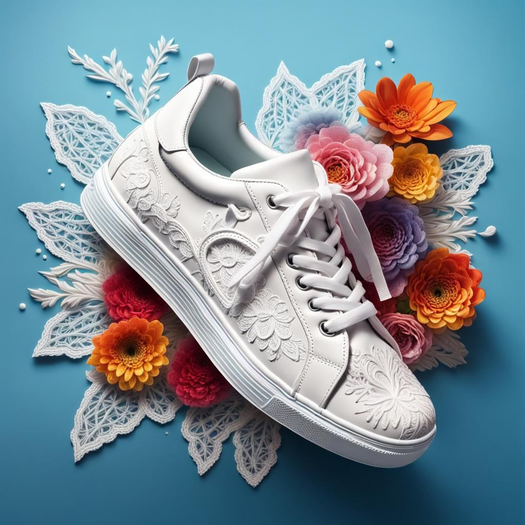 Lace Sneakers Surrounded by Lace Flowers: Hyperrealistic Spl...