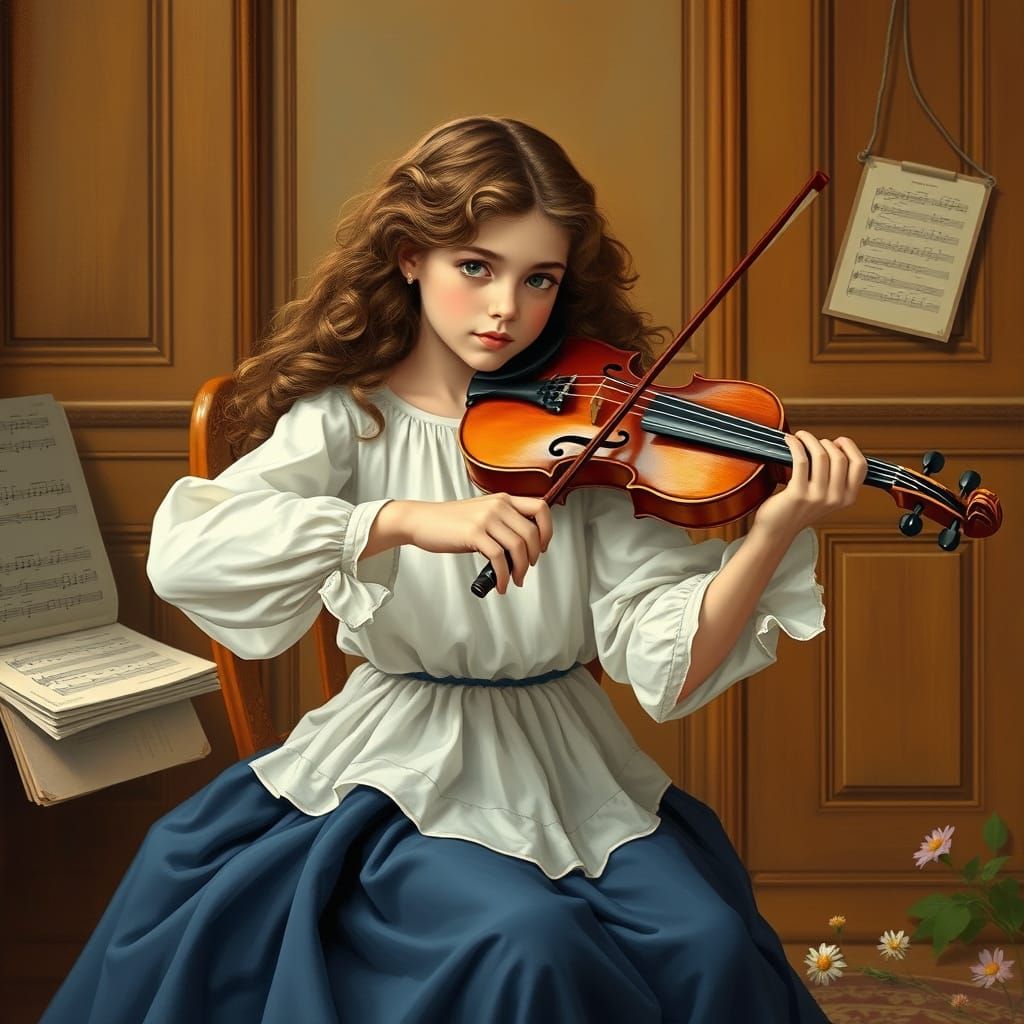 Girl in Elegant White Plays Violin in Dreamy, Golden Room