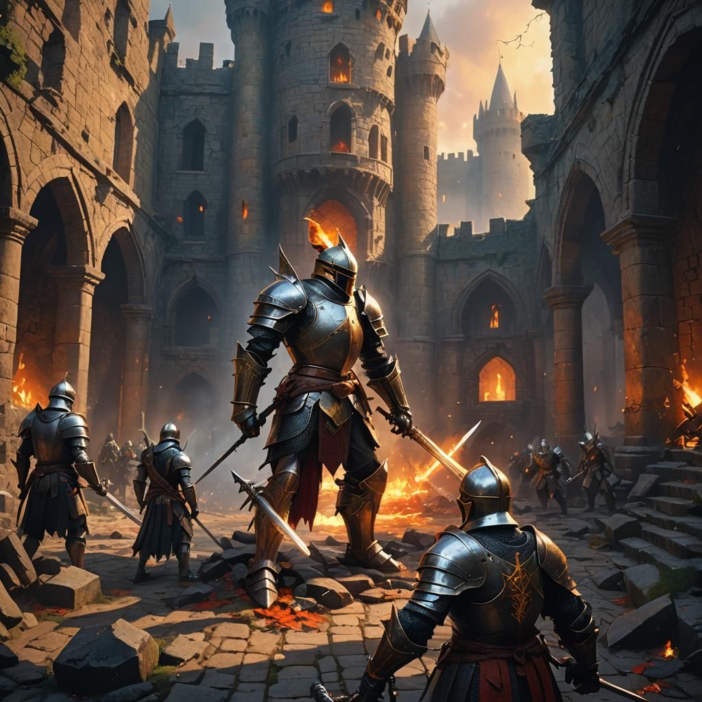 Epic Knights and Dragons Clash in Ruined Castle