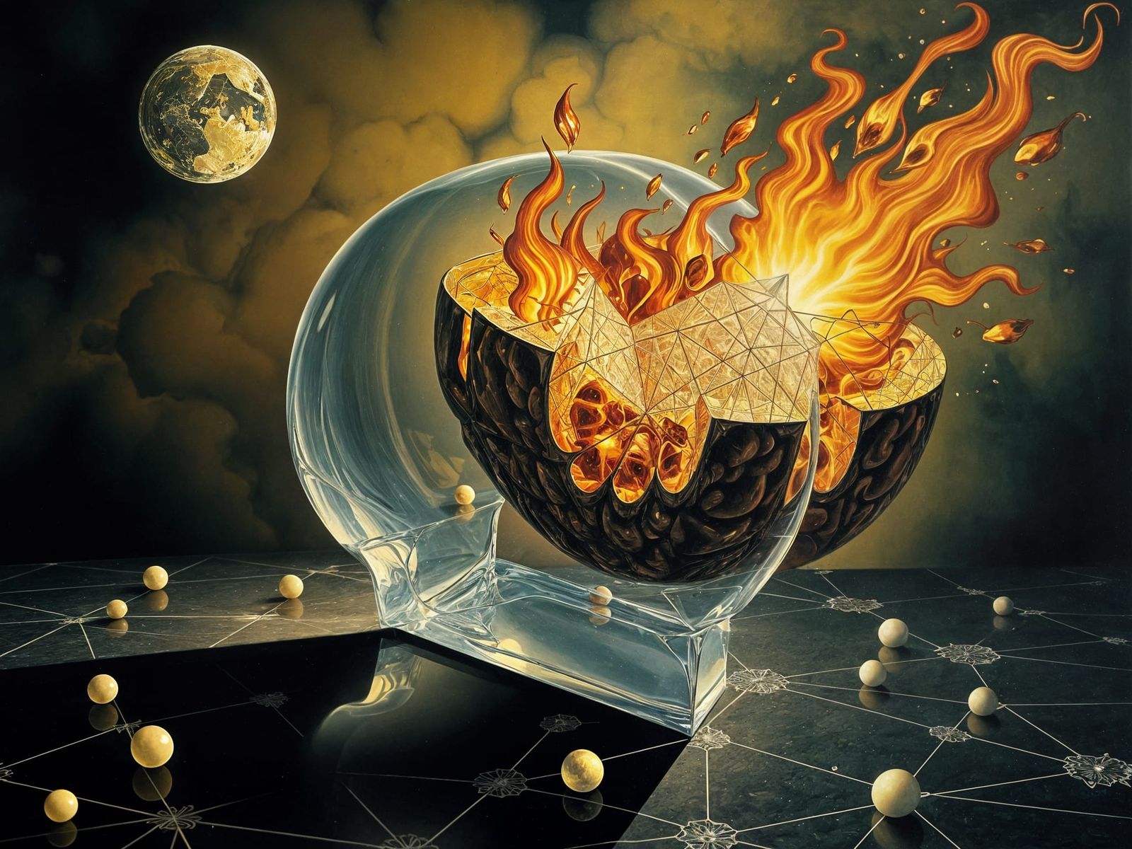 Brain-Shaped Crystal Shatters in Surrealist Painting