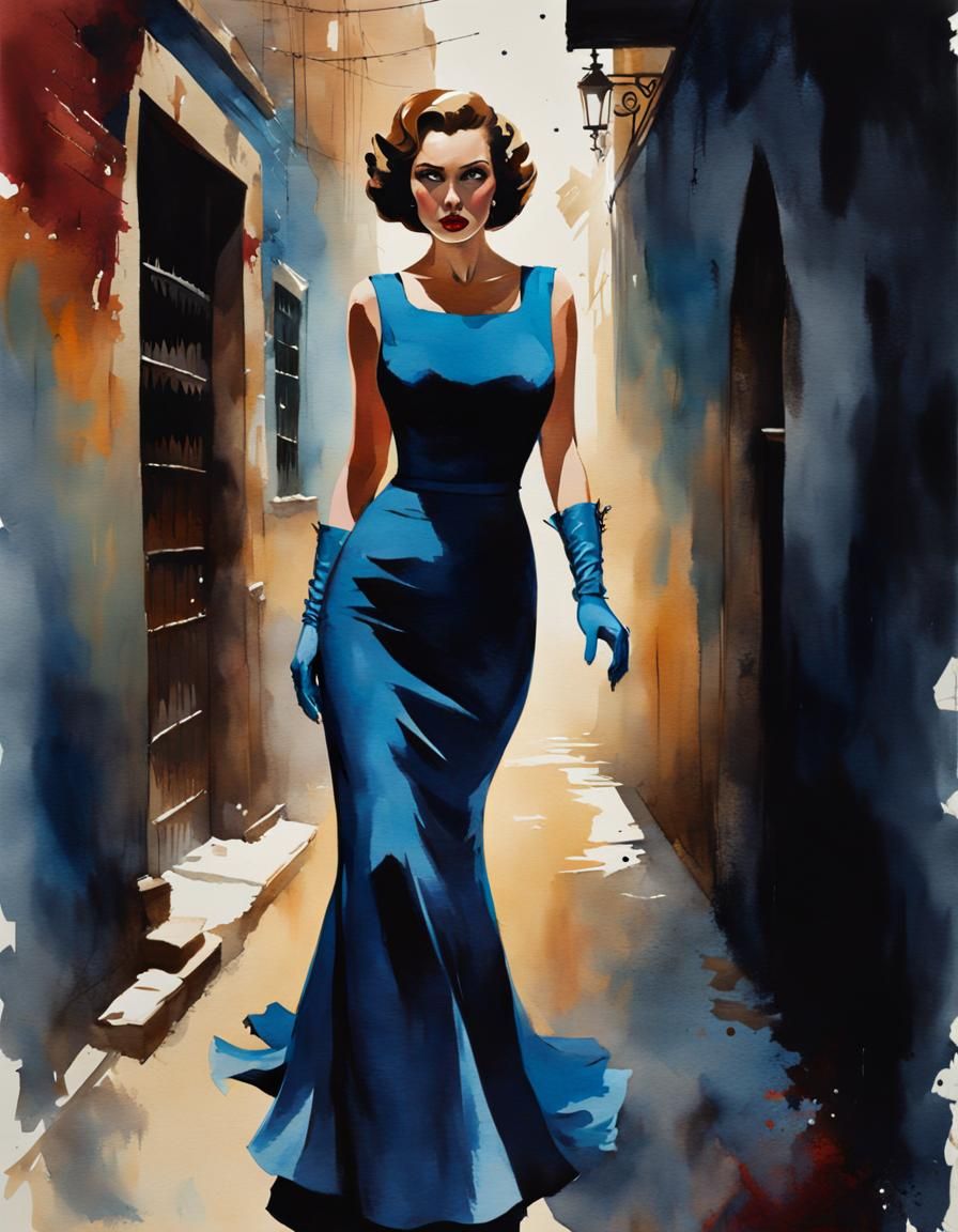 Fearful Beauty in Midnight Blue: Watercolor Horror Portrait