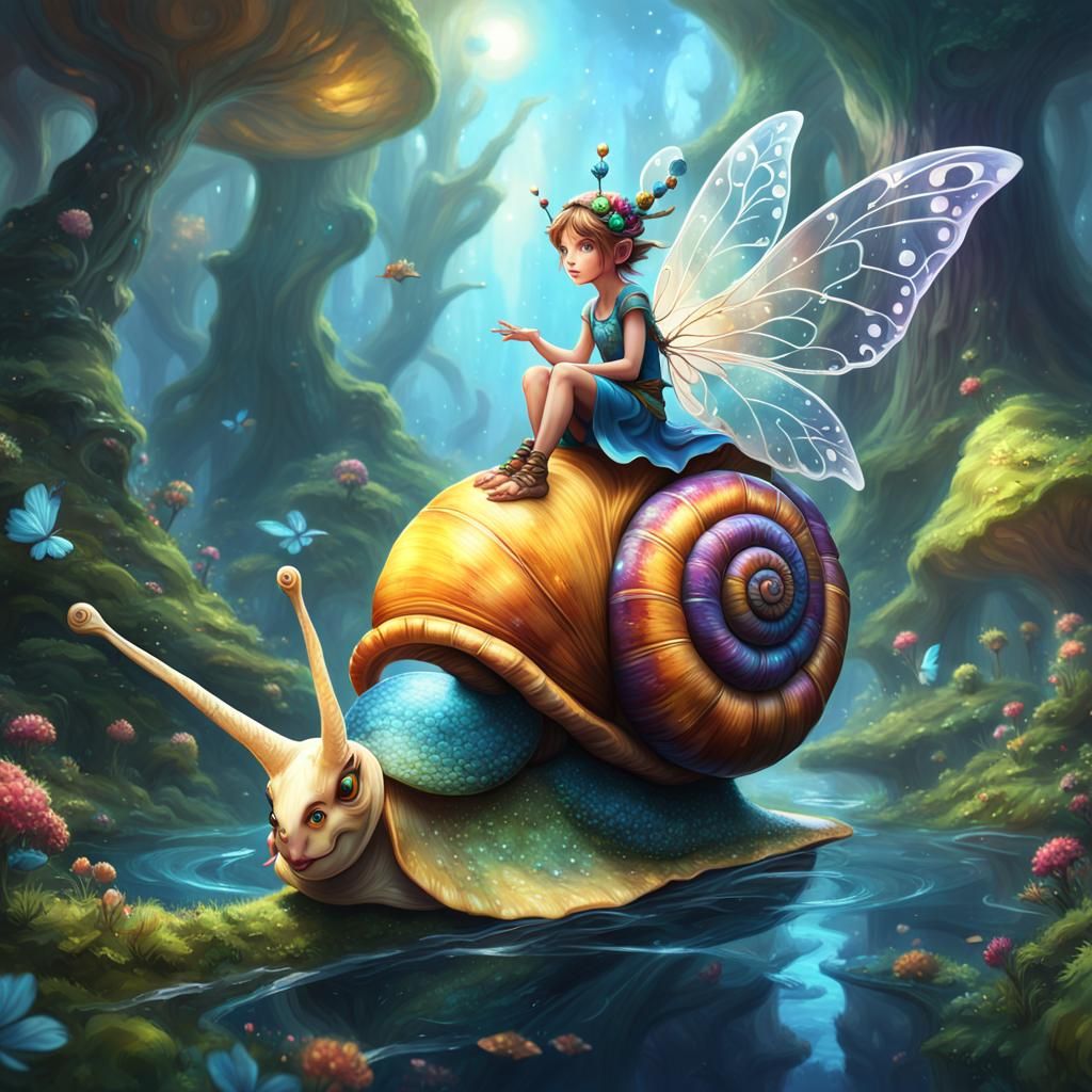 Fairy Riding Snail in Colorful Fantasy Art