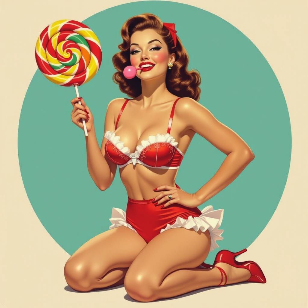 Glamour Model Licking Lollipop in Pin-Up Style