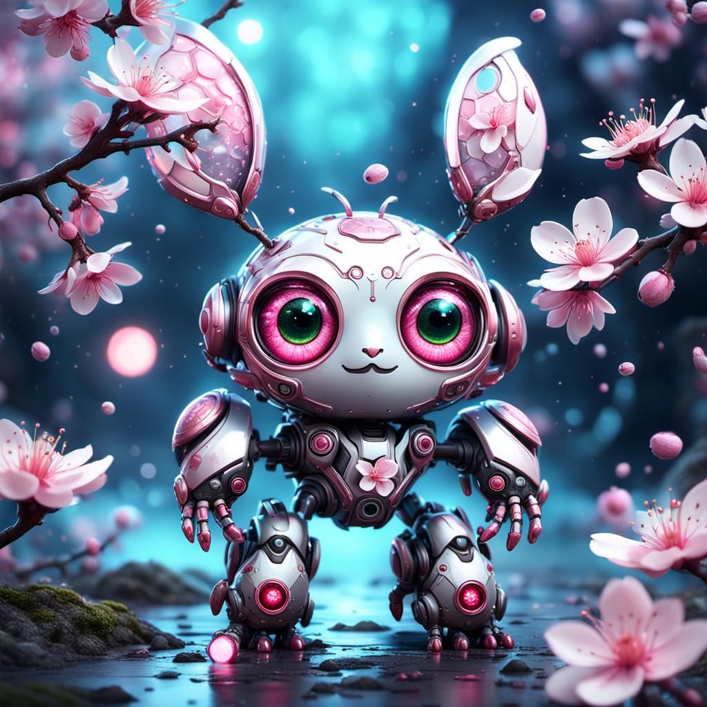 Cute Cherry Blossom Creature in Surreal Sci-Fi Style