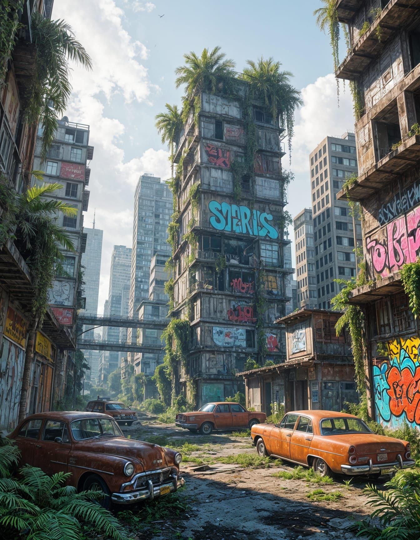 Overgrown Futuristic Cityscape at Sunrise