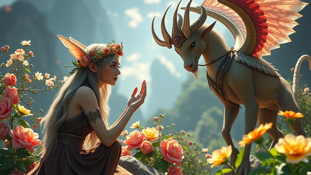 Elegant Elf Receives Floral Crown in Vibrant Fantasy Scene