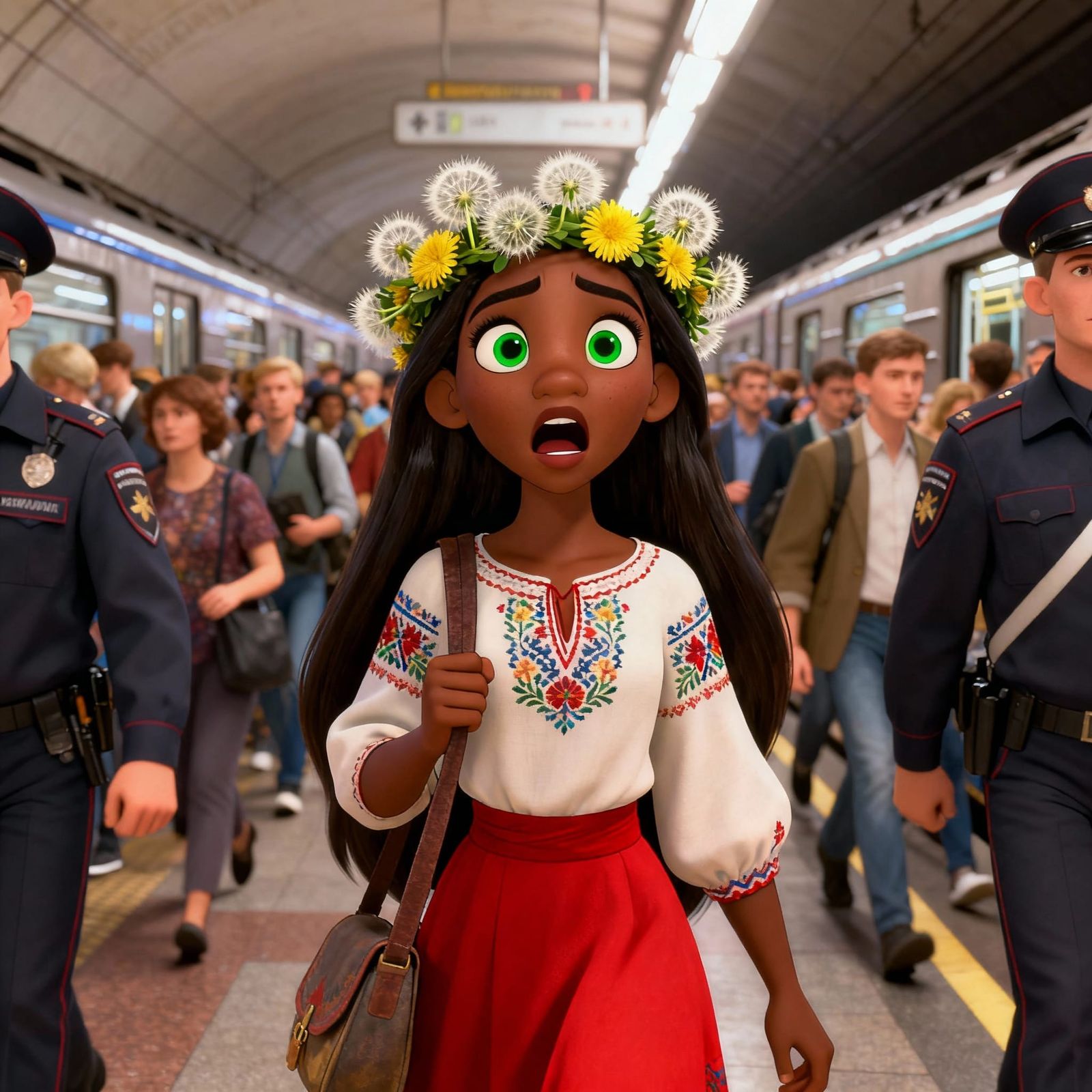 Shocked Young Black Woman in Ukrainian Vyshyvanka, Disney St...