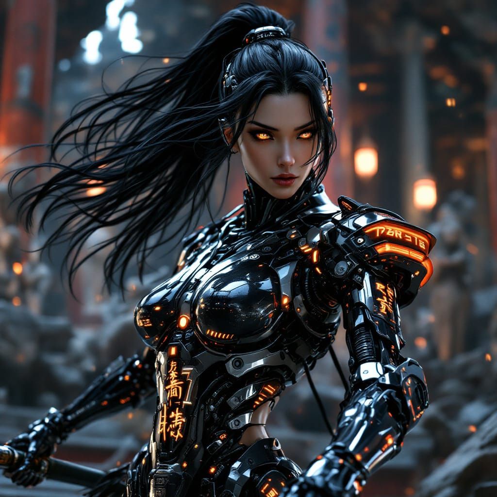 Cyberpunk Cyborg Ninja in Ancient Temple at Night