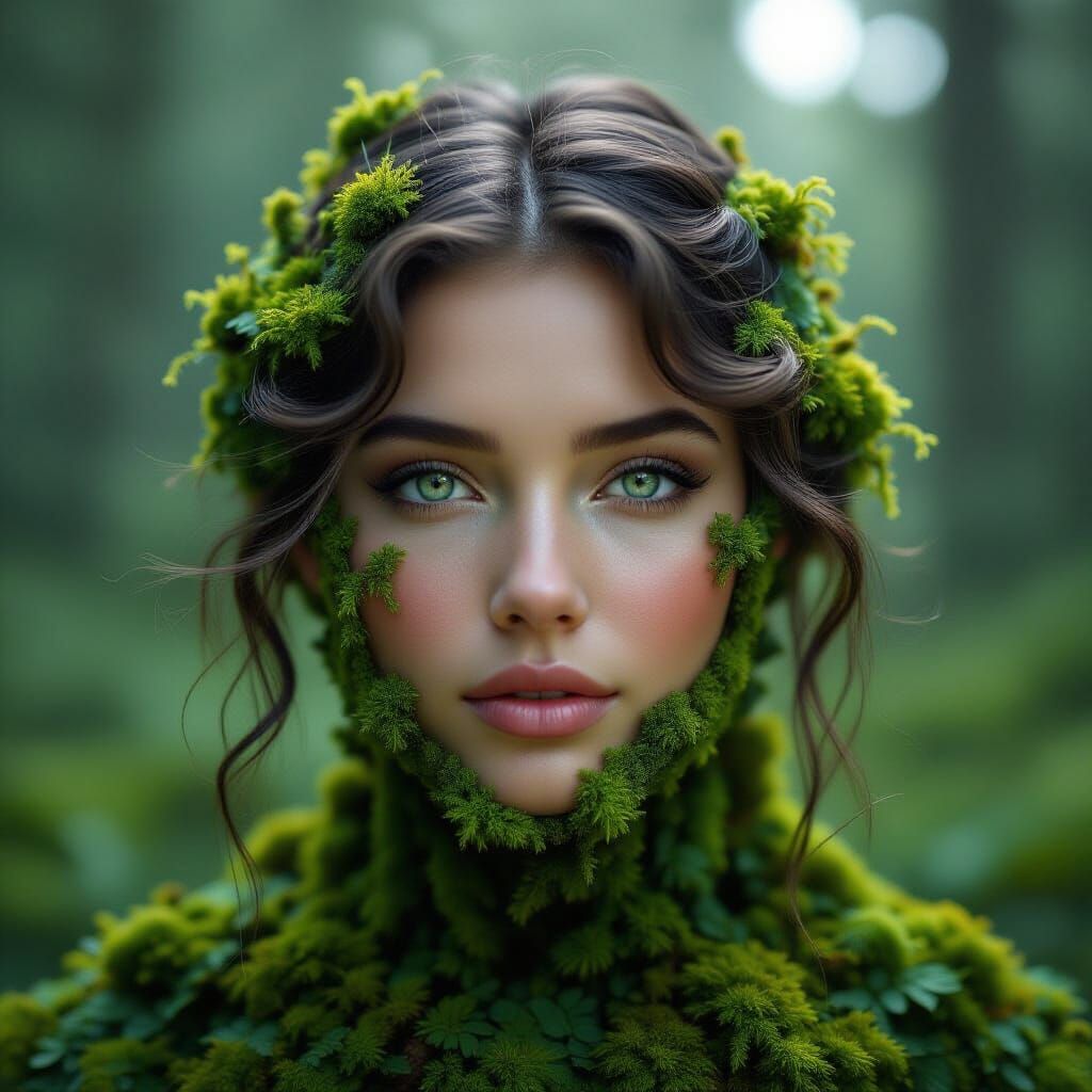 Ethereal Portrait of Woman Entwined with Glowing Moss