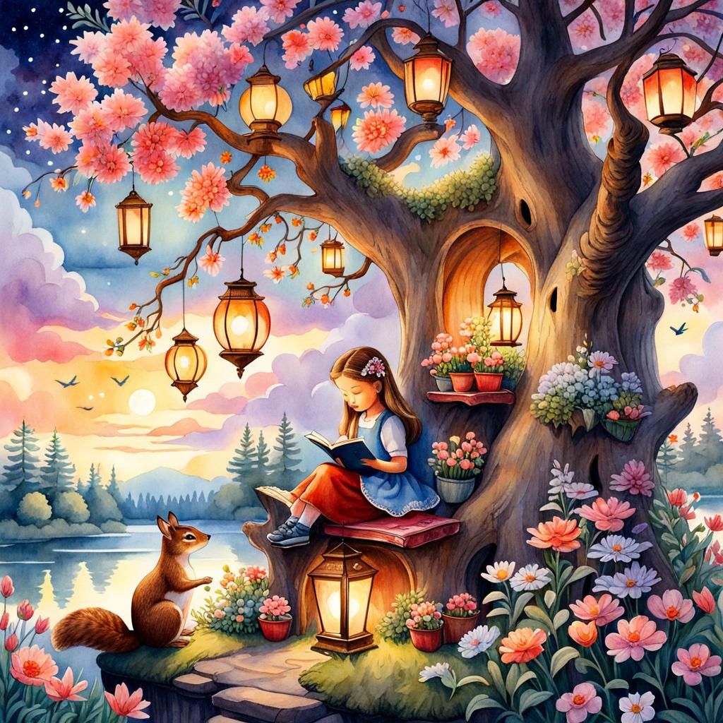 Whimsical Storybook Scene with Girl Reading, Watercolor Styl...